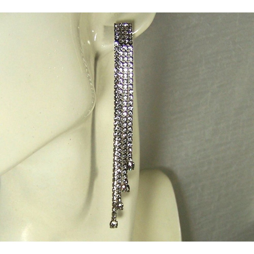 Silver Tone Waterfall Rhinestone Earrings Four Strands of Sparkle 3 3/4"